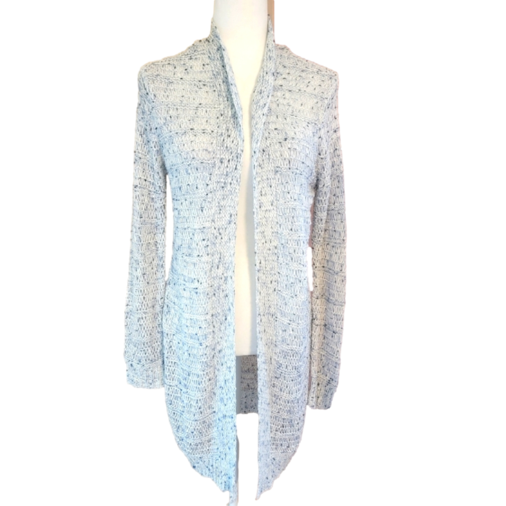 Miami Open-Front Heathered Light Blue Gray Knit Sweater Size Large EUC
